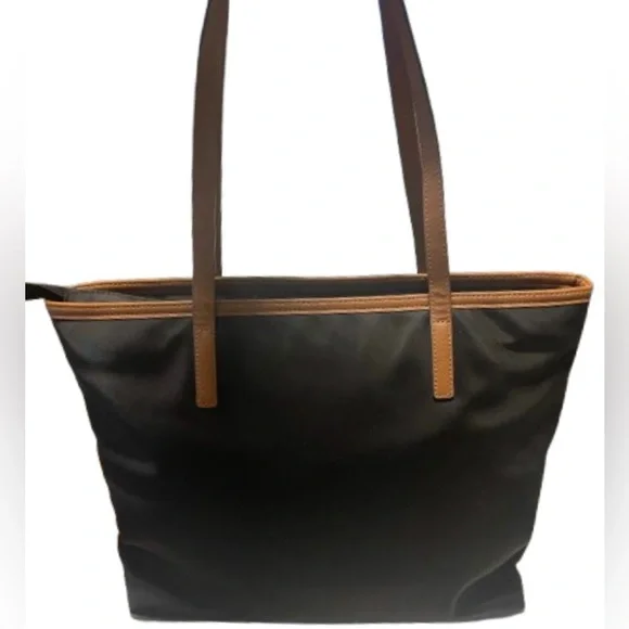 Michael Kors Kempton Black Nylon & Tan Leather Zip Top Tote Bag - Picture 2 of 12